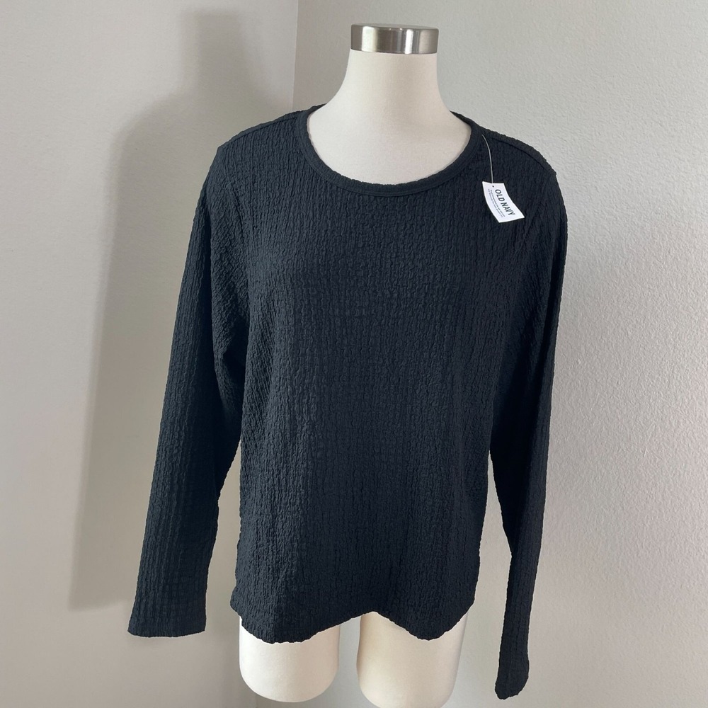 NEW Old Navy Womens Plus 3X Black Textured Long Sleeve Shirt Stretch Top